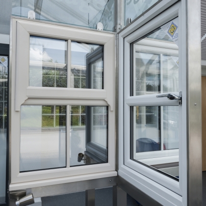 Inside and outside view of a Casement window in a showroom